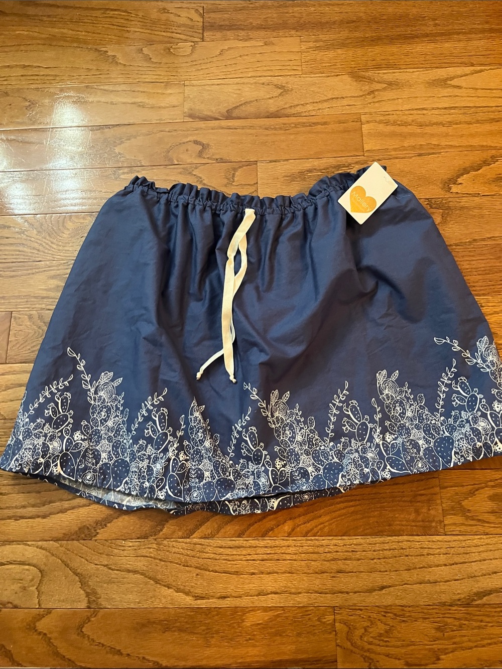 Navy Blue Floral Border Drawstring Skirt